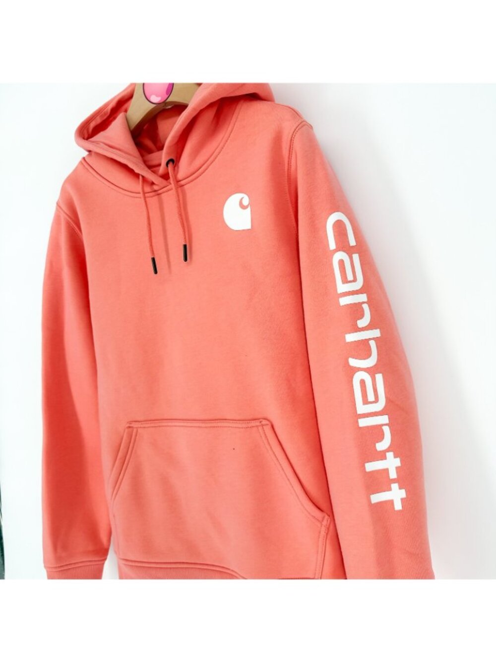 Carhartt Hoodie Womens M Relaxed Fit Midweight Logo Sleeve Coral Sweatshirt NWOT - Picture 3 of 6